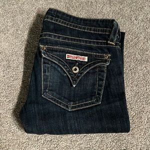 Hudson low rise skinny fit, straight leg dark denim